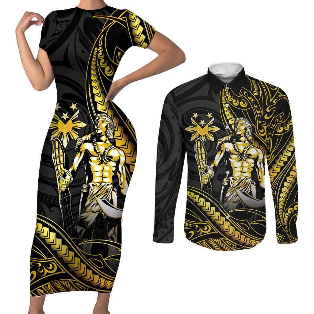 Filipinos Lapu Lapu Hero Couples Matching Short Sleeve Bodycon Dress and Long Sleeve Button Shirt Gold Polynesian Tribal Tattoo LT05 Gold - Polynesian Pride