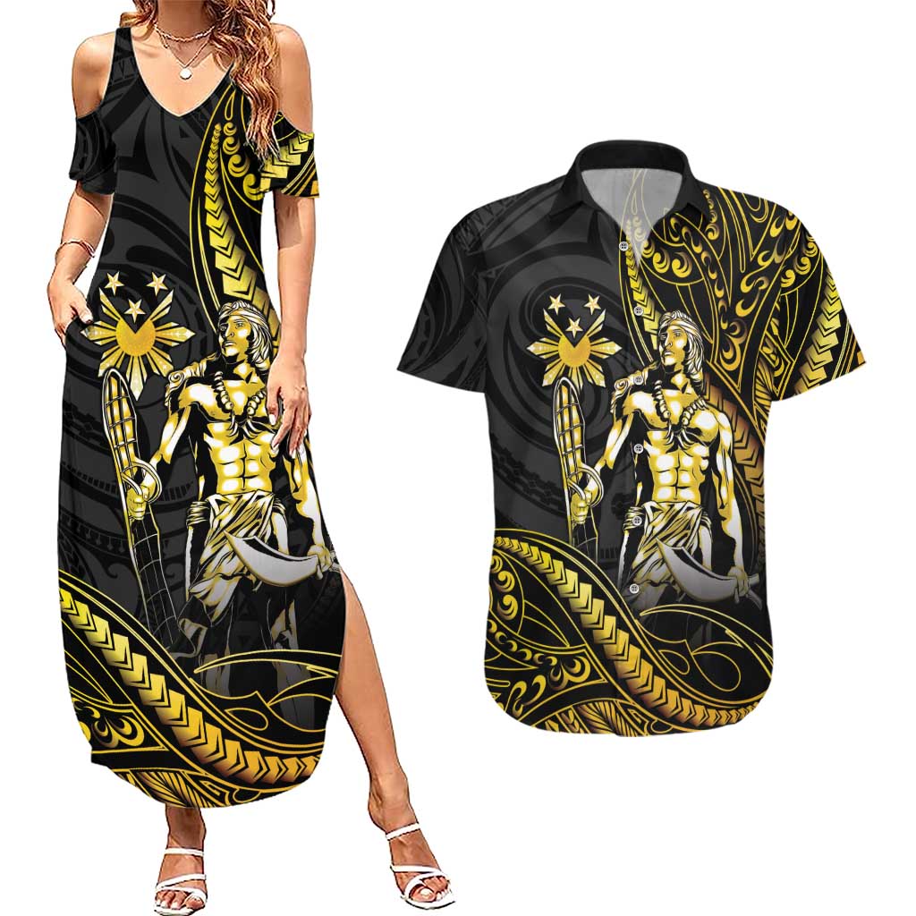 Filipinos Lapu Lapu Hero Couples Matching Summer Maxi Dress and Hawaiian Shirt Gold Polynesian Tribal Tattoo LT05 Gold - Polynesian Pride