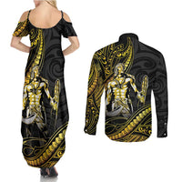 Filipinos Lapu Lapu Hero Couples Matching Summer Maxi Dress and Long Sleeve Button Shirt Gold Polynesian Tribal Tattoo