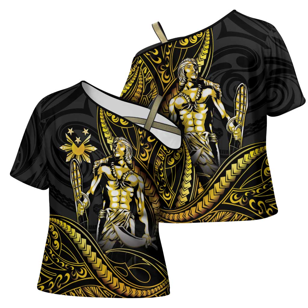 Filipinos Lapu Lapu Hero Cross Shoulder Shirt Gold Polynesian Tribal Tattoo