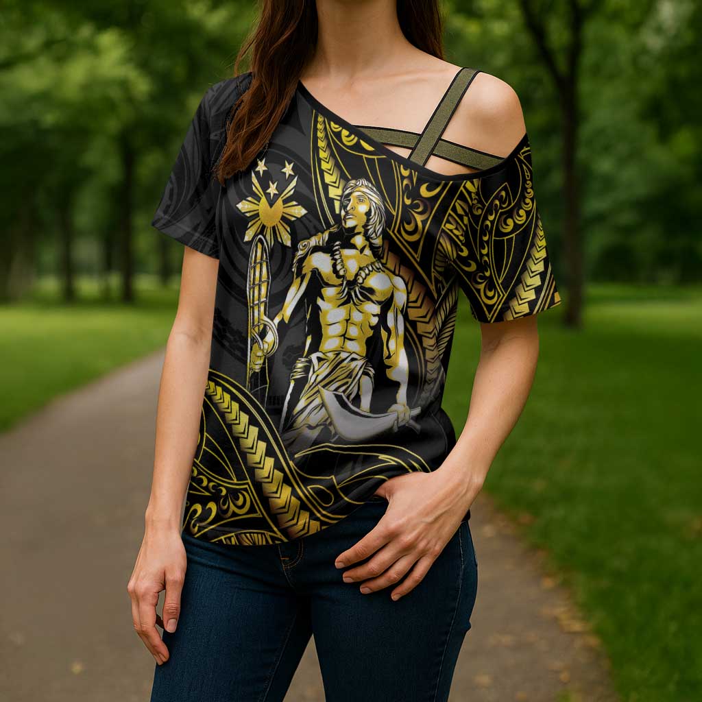 Filipinos Lapu Lapu Hero Cross Shoulder Shirt Gold Polynesian Tribal Tattoo
