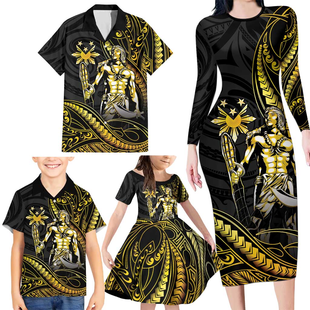 Filipinos Lapu Lapu Hero Family Matching Long Sleeve Bodycon Dress and Hawaiian Shirt Gold Polynesian Tribal Tattoo
