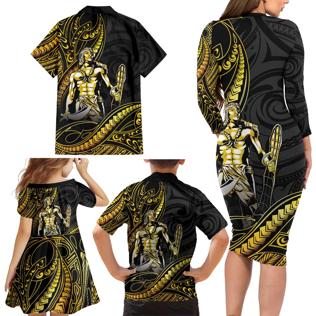 Filipinos Lapu Lapu Hero Family Matching Long Sleeve Bodycon Dress and Hawaiian Shirt Gold Polynesian Tribal Tattoo LT05 - Polynesian Pride