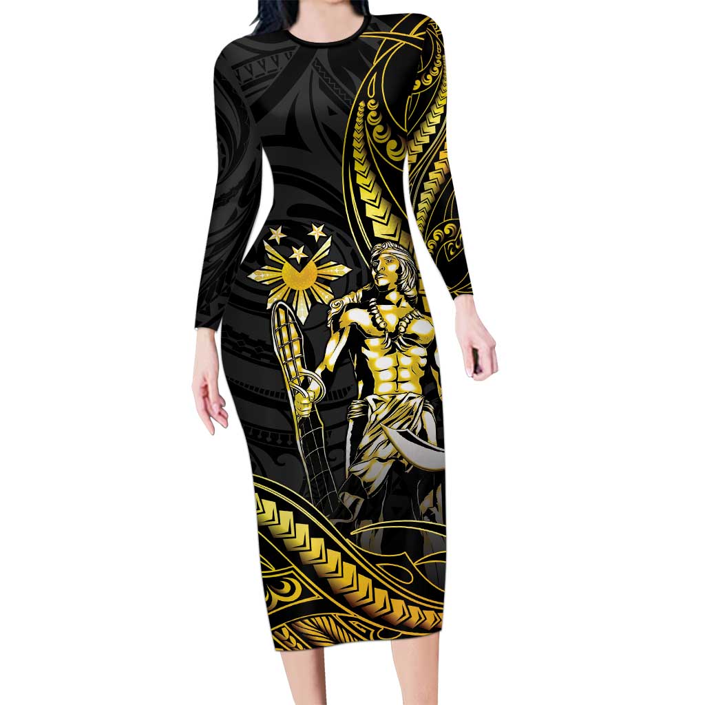 Filipinos Lapu Lapu Hero Family Matching Long Sleeve Bodycon Dress and Hawaiian Shirt Gold Polynesian Tribal Tattoo LT05 Mom's Dress Gold - Polynesian Pride