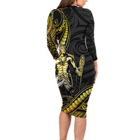 Filipinos Lapu Lapu Hero Family Matching Long Sleeve Bodycon Dress and Hawaiian Shirt Gold Polynesian Tribal Tattoo LT05 - Polynesian Pride