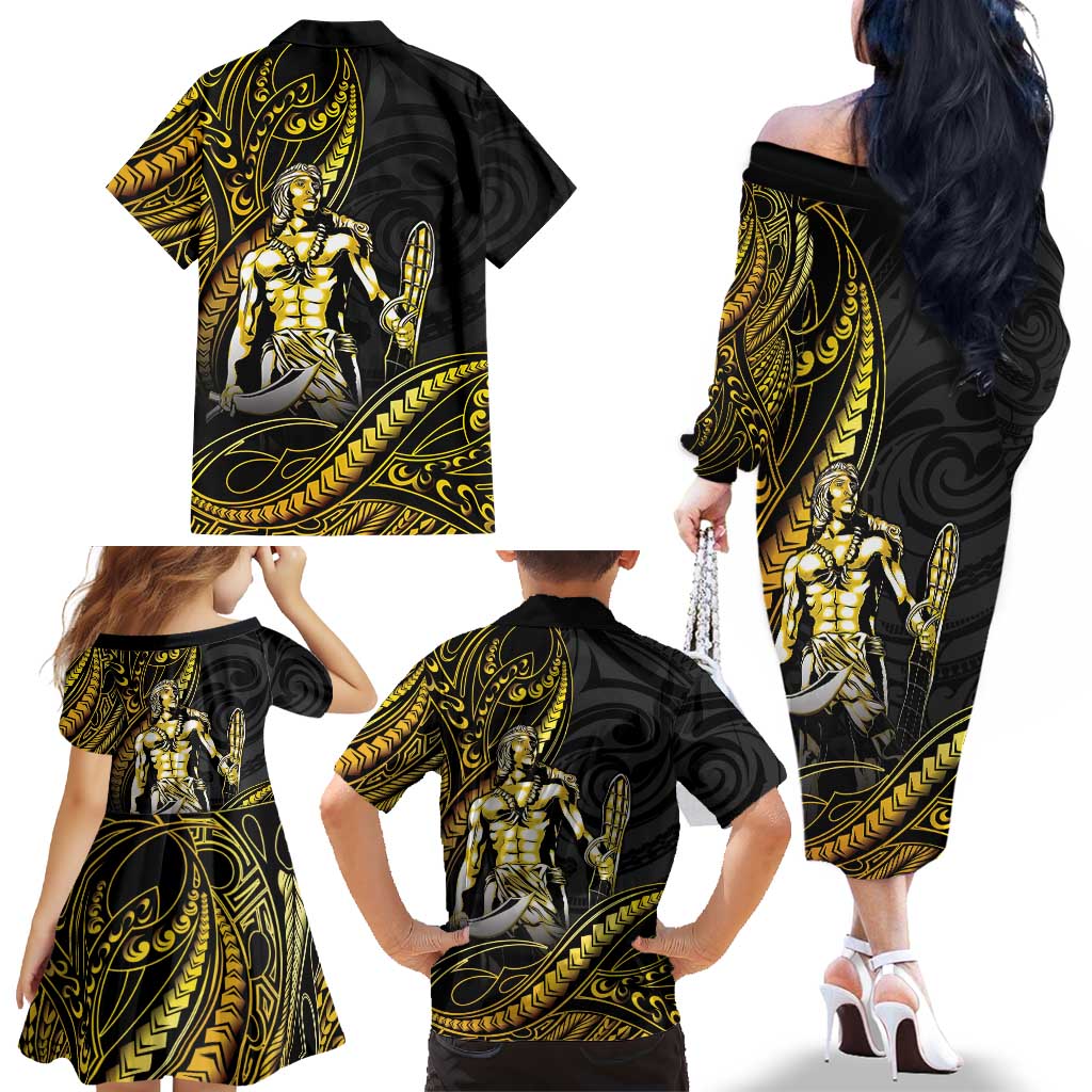 Filipinos Lapu Lapu Hero Family Matching Off The Shoulder Long Sleeve Dress and Hawaiian Shirt Gold Polynesian Tribal Tattoo LT05 - Polynesian Pride
