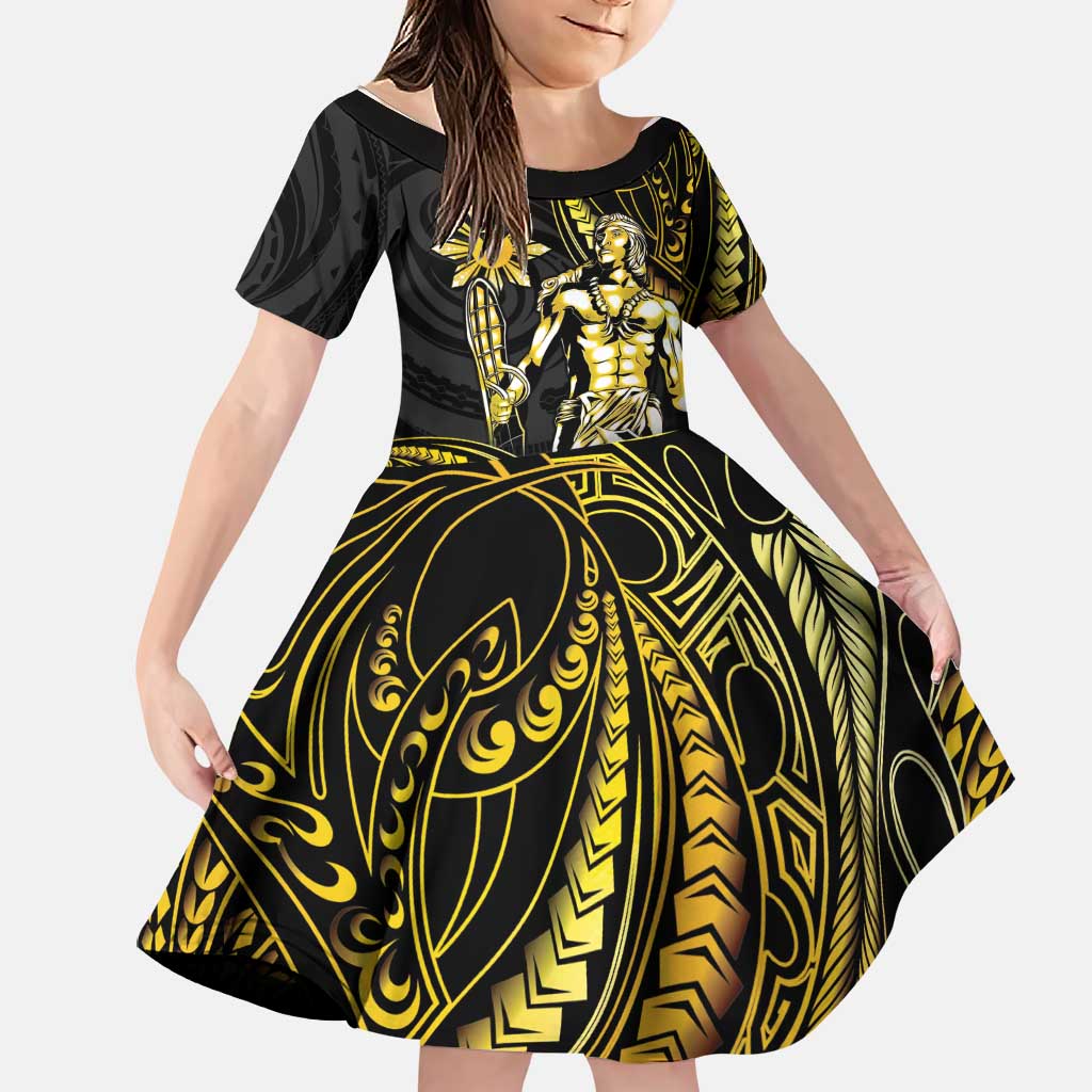 Filipinos Lapu Lapu Hero Family Matching Off Shoulder Maxi Dress and Hawaiian Shirt Gold Polynesian Tribal Tattoo LT05 Daughter's Dress Gold - Polynesian Pride