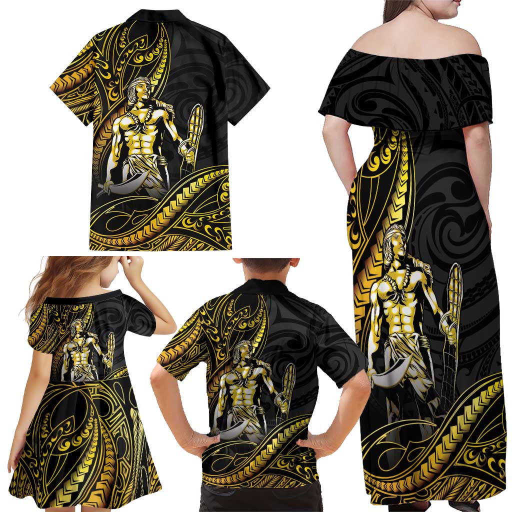 Filipinos Lapu Lapu Hero Family Matching Off Shoulder Maxi Dress and Hawaiian Shirt Gold Polynesian Tribal Tattoo LT05 - Polynesian Pride