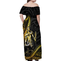 Filipinos Lapu Lapu Hero Family Matching Off Shoulder Maxi Dress and Hawaiian Shirt Gold Polynesian Tribal Tattoo LT05 - Polynesian Pride