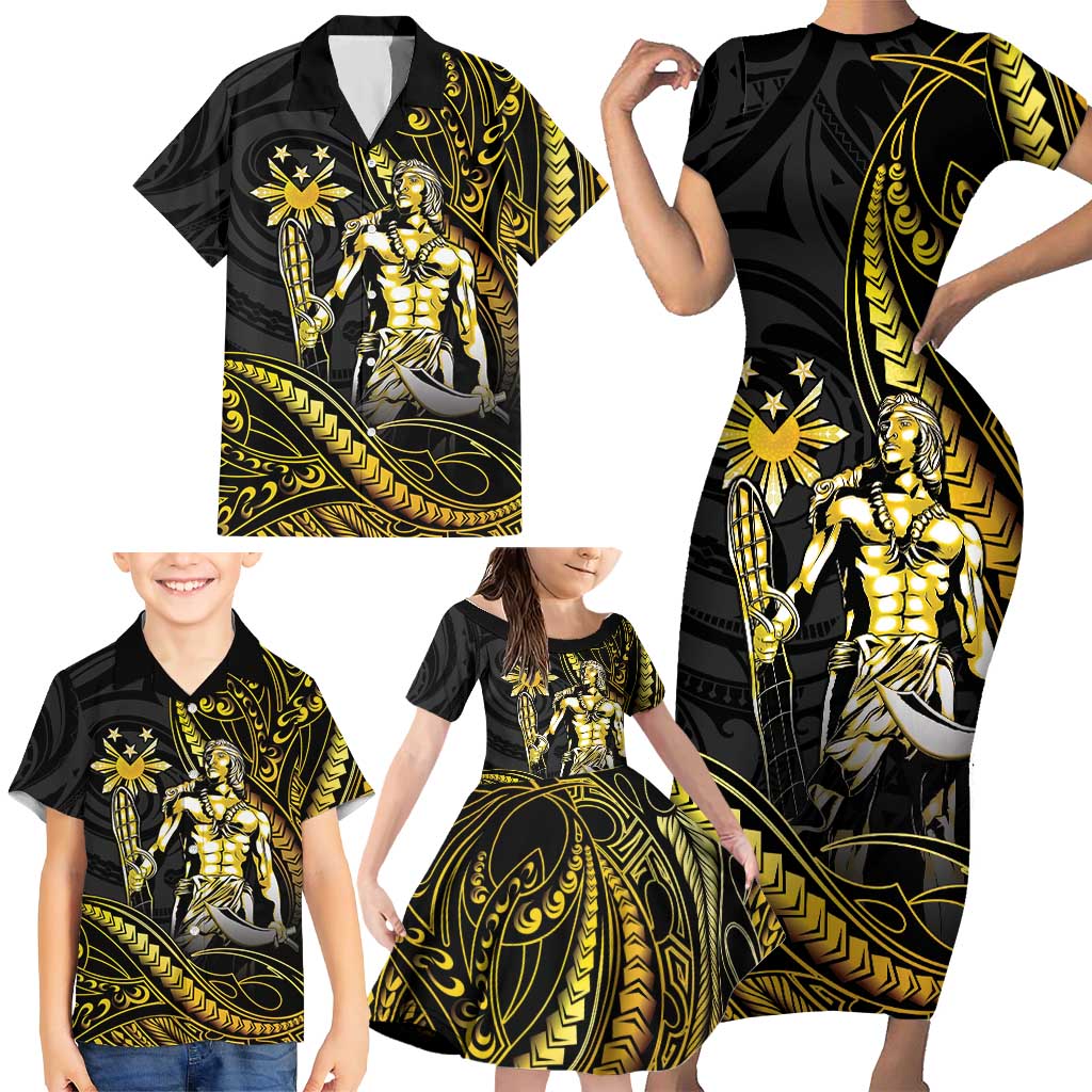Filipinos Lapu Lapu Hero Family Matching Short Sleeve Bodycon Dress and Hawaiian Shirt Gold Polynesian Tribal Tattoo