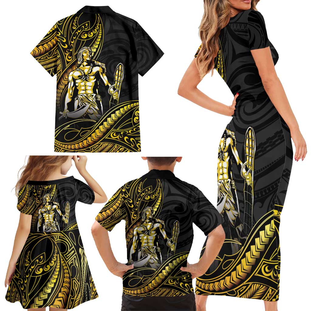 Filipinos Lapu Lapu Hero Family Matching Short Sleeve Bodycon Dress and Hawaiian Shirt Gold Polynesian Tribal Tattoo LT05 - Polynesian Pride