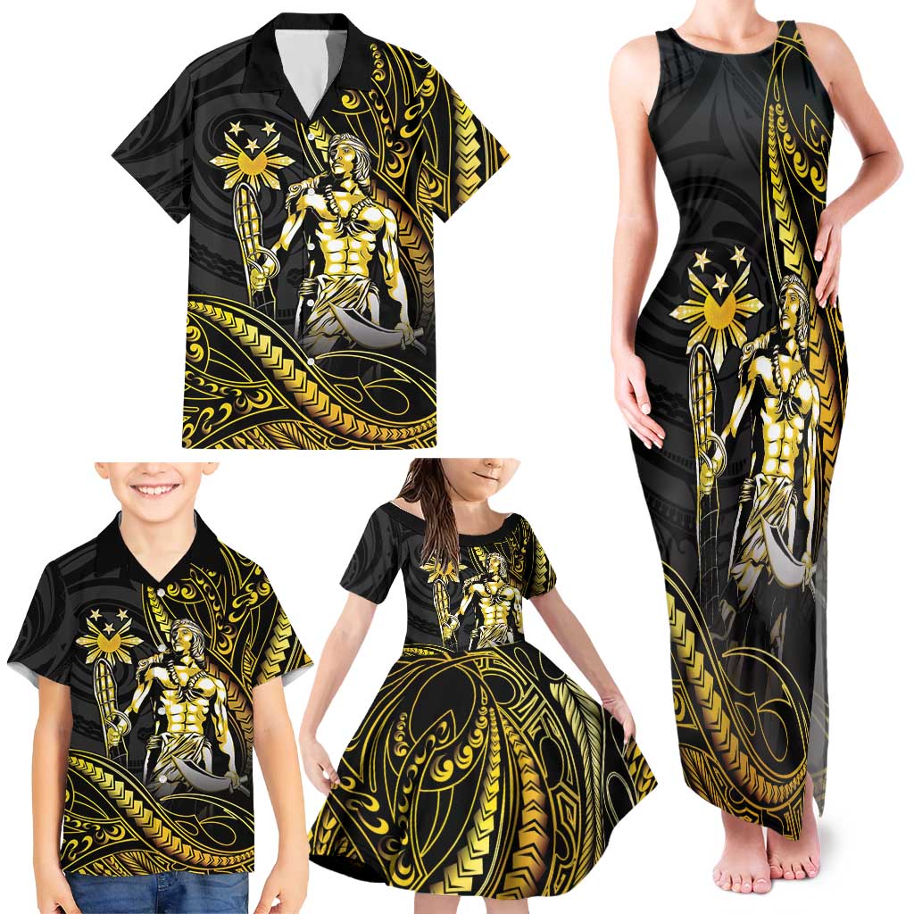 Filipinos Lapu Lapu Hero Family Matching Tank Maxi Dress and Hawaiian Shirt Gold Polynesian Tribal Tattoo LT05 - Polynesian Pride