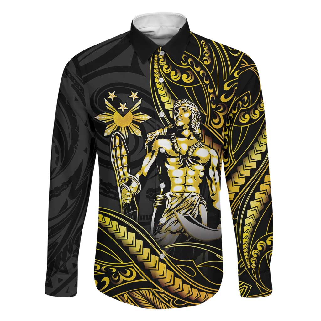 Filipinos Lapu Lapu Hero Family Matching Tank Maxi Dress and Hawaiian Shirt Gold Polynesian Tribal Tattoo LT05 Dad's Shirt - Long Sleeve Gold - Polynesian Pride