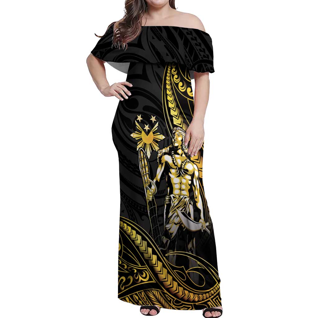 Filipinos Lapu Lapu Hero Off Shoulder Maxi Dress Gold Polynesian Tribal Tattoo