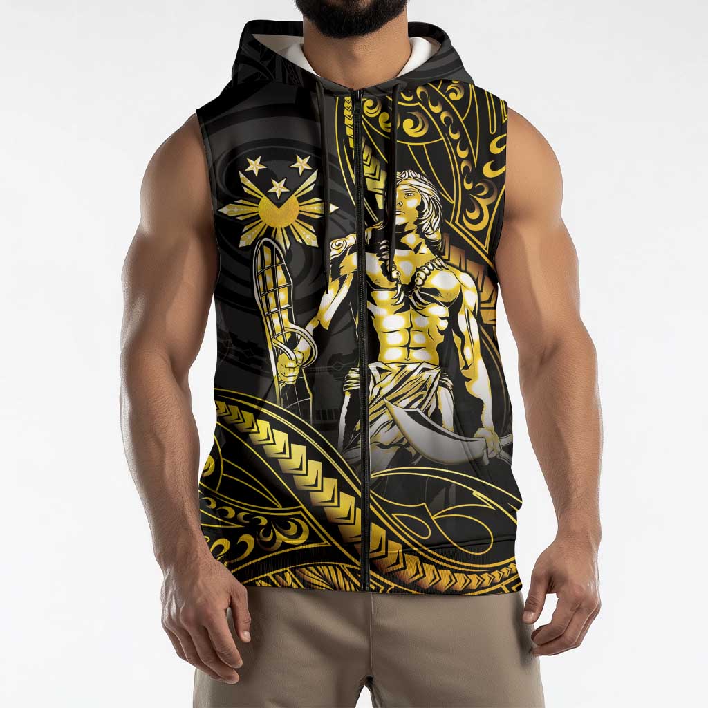 Filipinos Lapu Lapu Hero Sleeveless Zip Hoodie Gold Polynesian Tribal Tattoo