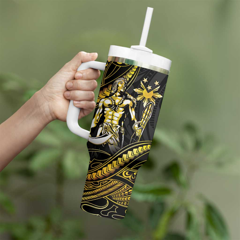 Filipinos Lapu Lapu Hero Tumbler With Handle Gold Polynesian Tribal Tattoo