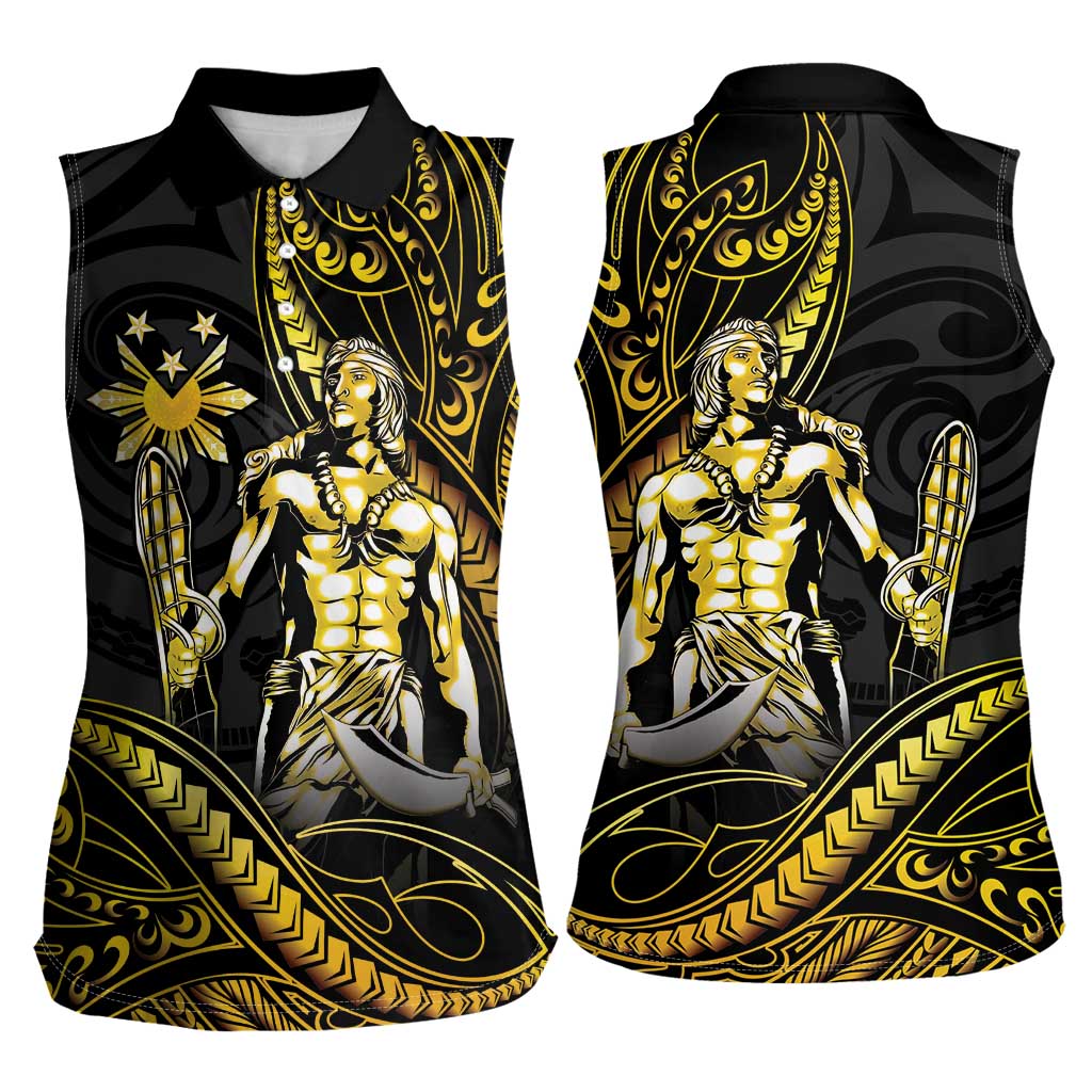 Filipinos Lapu Lapu Hero Women Sleeveless Polo Shirt Gold Polynesian Tribal Tattoo LT05 - Polynesian Pride