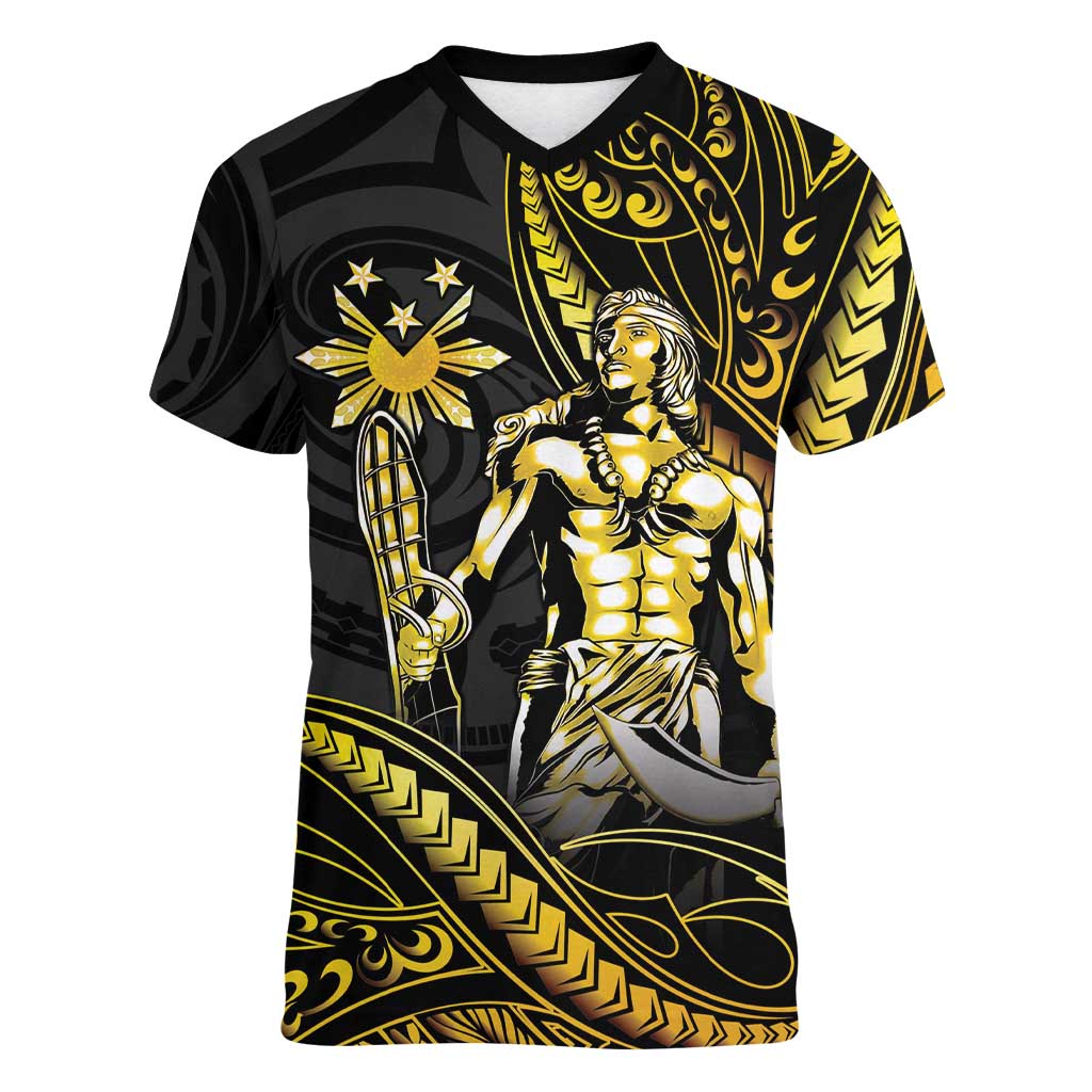Filipinos Lapu Lapu Hero Women V-Neck T-Shirt Gold Polynesian Tribal Tattoo LT05 Female Gold - Polynesian Pride