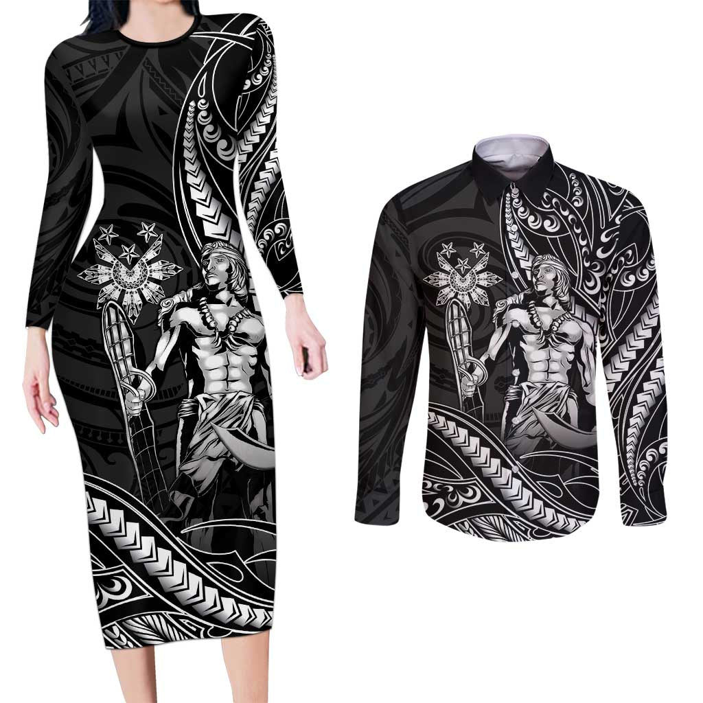 Filipinos Lapu Lapu Hero Couples Matching Long Sleeve Bodycon Dress and Long Sleeve Button Shirt Black Polynesian Tribal Tattoo