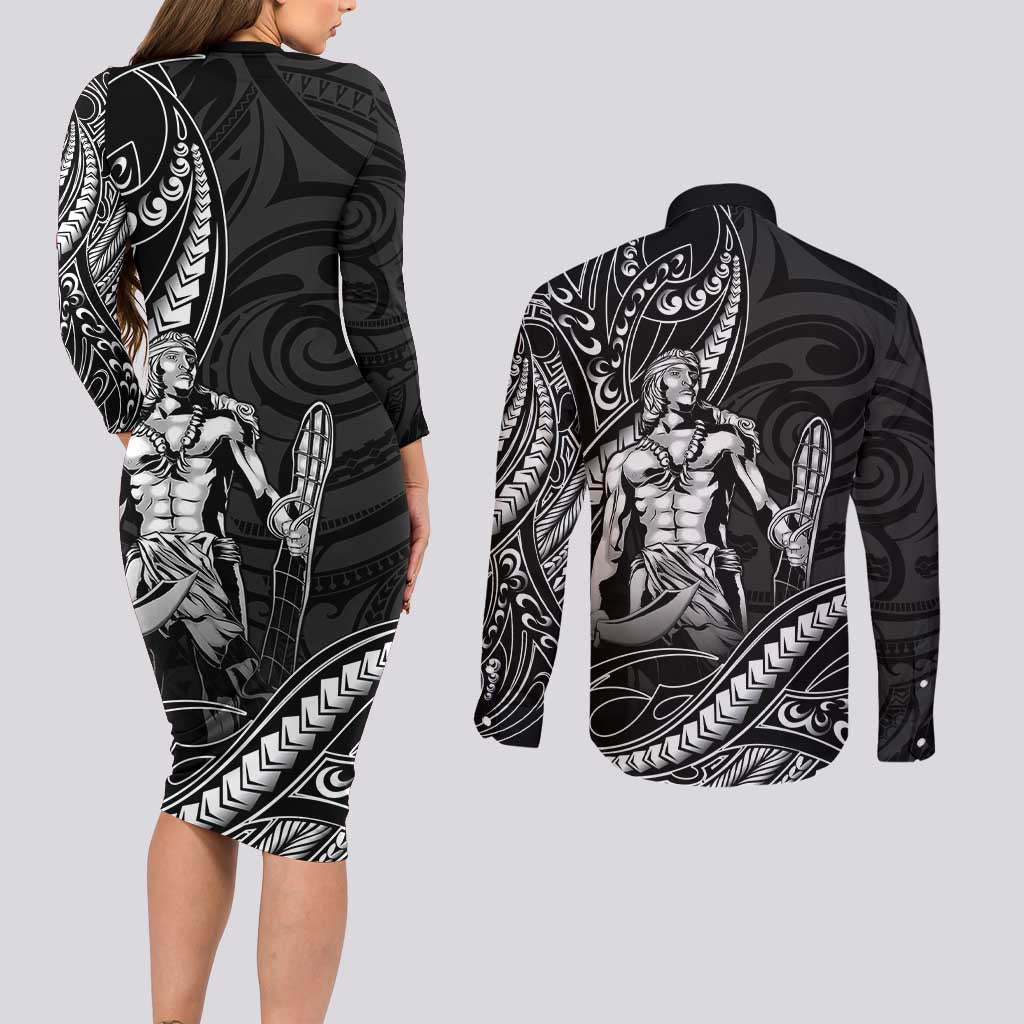 Filipinos Lapu Lapu Hero Couples Matching Long Sleeve Bodycon Dress and Long Sleeve Button Shirt Black Polynesian Tribal Tattoo LT05 - Polynesian Pride