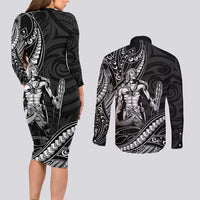 Filipinos Lapu Lapu Hero Couples Matching Long Sleeve Bodycon Dress and Long Sleeve Button Shirt Black Polynesian Tribal Tattoo LT05 - Polynesian Pride