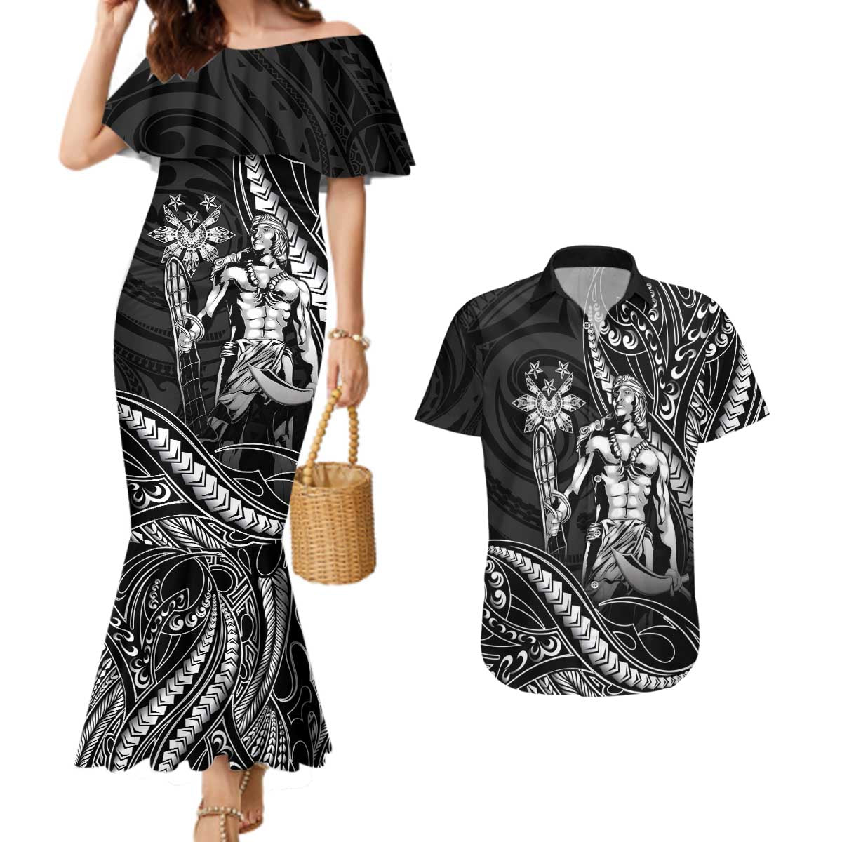 Filipinos Lapu Lapu Hero Couples Matching Mermaid Dress and Hawaiian Shirt Black Polynesian Tribal Tattoo LT05 Black - Polynesian Pride