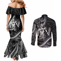 Filipinos Lapu Lapu Hero Couples Matching Mermaid Dress and Long Sleeve Button Shirt Black Polynesian Tribal Tattoo LT05 - Polynesian Pride