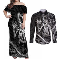Filipinos Lapu Lapu Hero Couples Matching Off Shoulder Maxi Dress and Long Sleeve Button Shirt Black Polynesian Tribal Tattoo