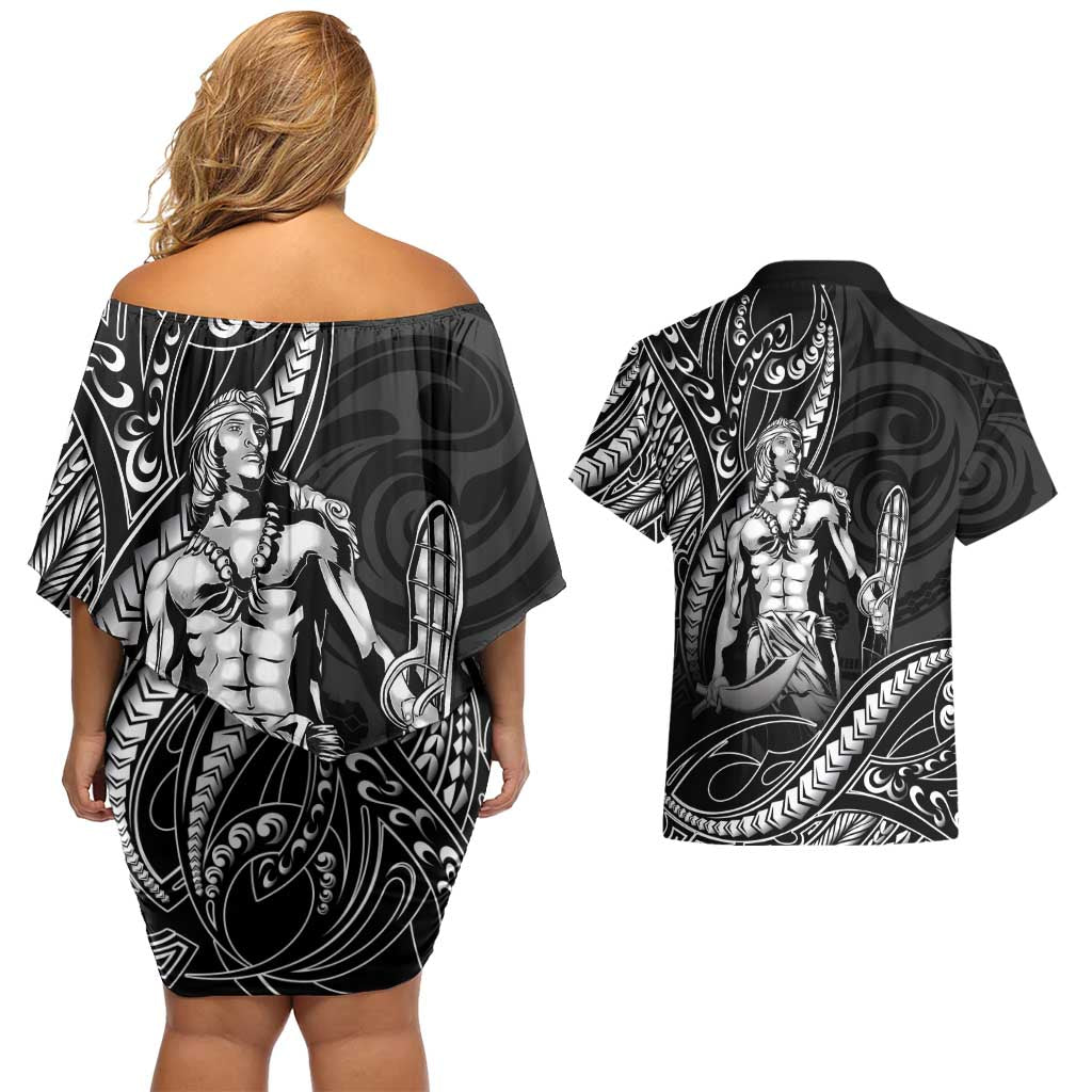 Filipinos Lapu Lapu Hero Couples Matching Off Shoulder Short Dress and Hawaiian Shirt Black Polynesian Tribal Tattoo LT05 - Polynesian Pride