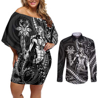 Filipinos Lapu Lapu Hero Couples Matching Off Shoulder Short Dress and Long Sleeve Button Shirt Black Polynesian Tribal Tattoo