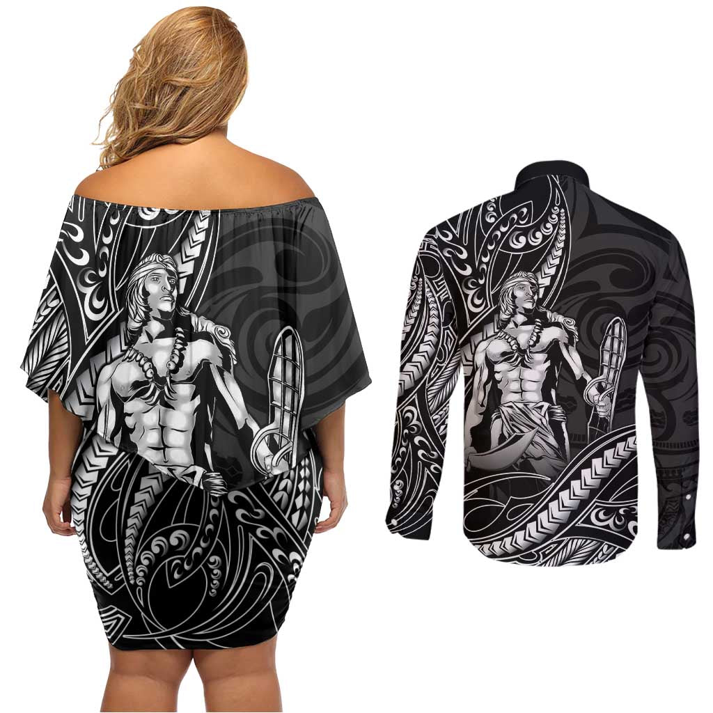 Filipinos Lapu Lapu Hero Couples Matching Off Shoulder Short Dress and Long Sleeve Button Shirt Black Polynesian Tribal Tattoo