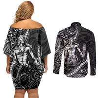 Filipinos Lapu Lapu Hero Couples Matching Off Shoulder Short Dress and Long Sleeve Button Shirt Black Polynesian Tribal Tattoo