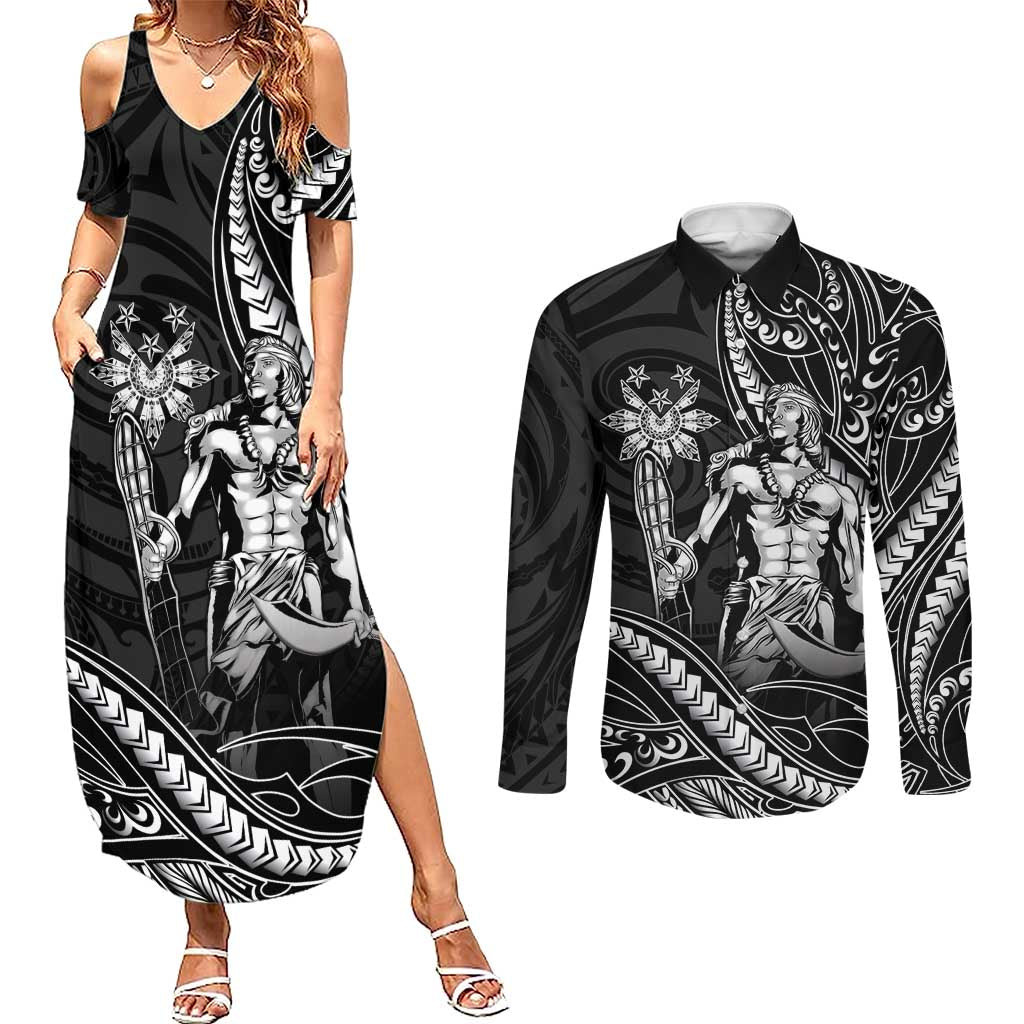 Filipinos Lapu Lapu Hero Couples Matching Summer Maxi Dress and Long Sleeve Button Shirt Black Polynesian Tribal Tattoo LT05 Black - Polynesian Pride