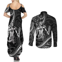 Filipinos Lapu Lapu Hero Couples Matching Summer Maxi Dress and Long Sleeve Button Shirt Black Polynesian Tribal Tattoo LT05 - Polynesian Pride