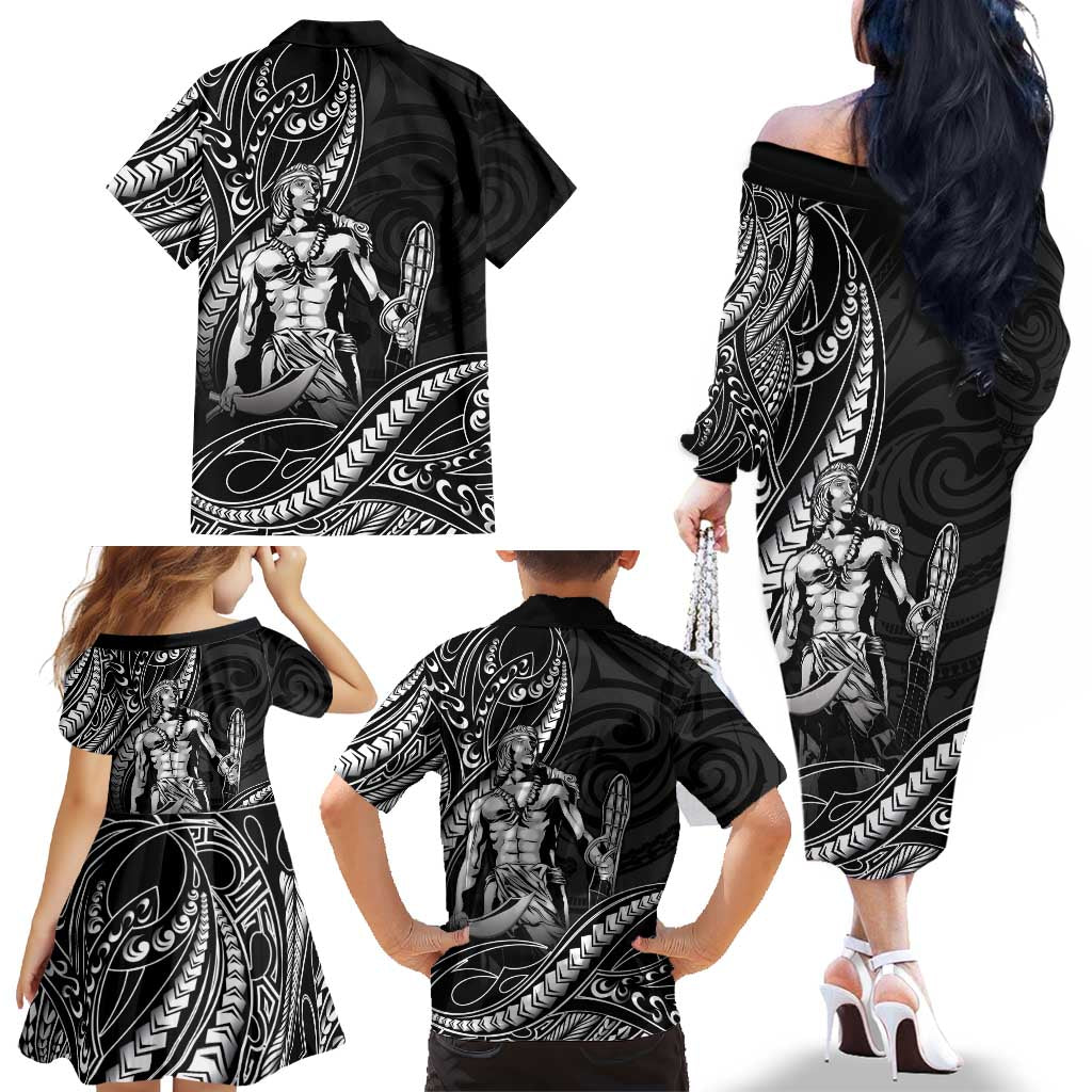 Filipinos Lapu Lapu Hero Family Matching Off The Shoulder Long Sleeve Dress and Hawaiian Shirt Black Polynesian Tribal Tattoo LT05 - Polynesian Pride