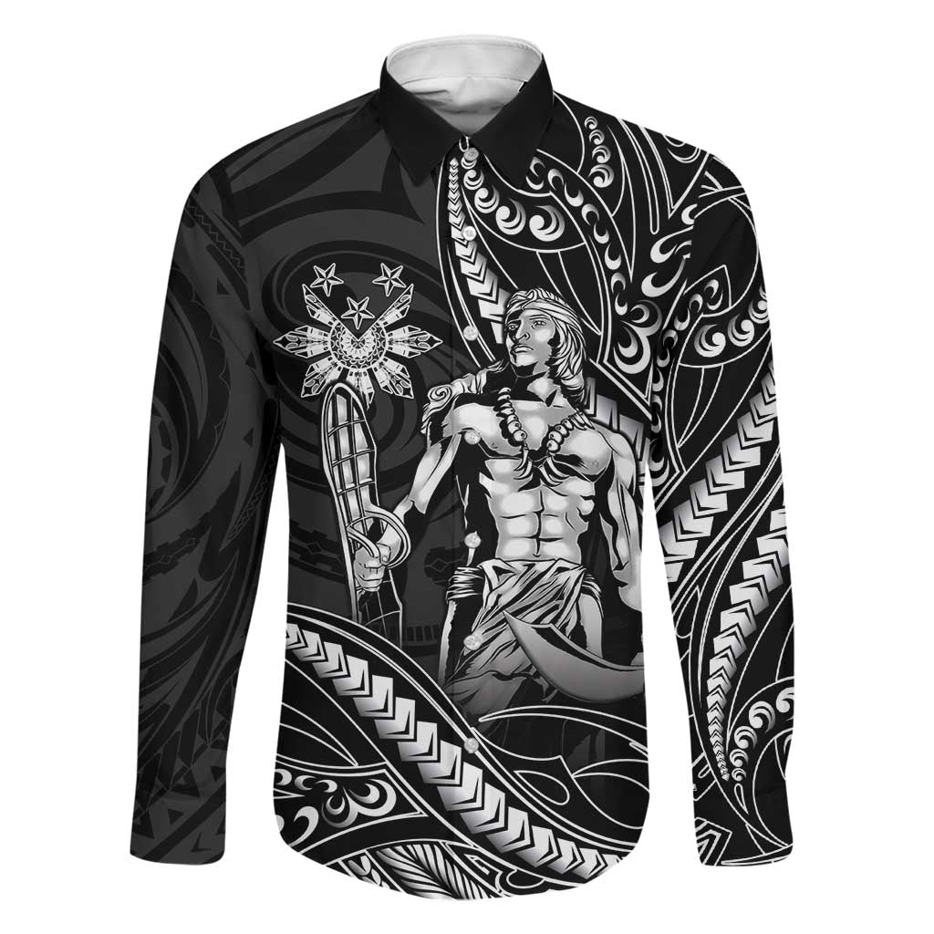 Filipinos Lapu Lapu Hero Family Matching Off Shoulder Maxi Dress and Hawaiian Shirt Black Polynesian Tribal Tattoo LT05 Dad's Shirt - Long Sleeve Black - Polynesian Pride