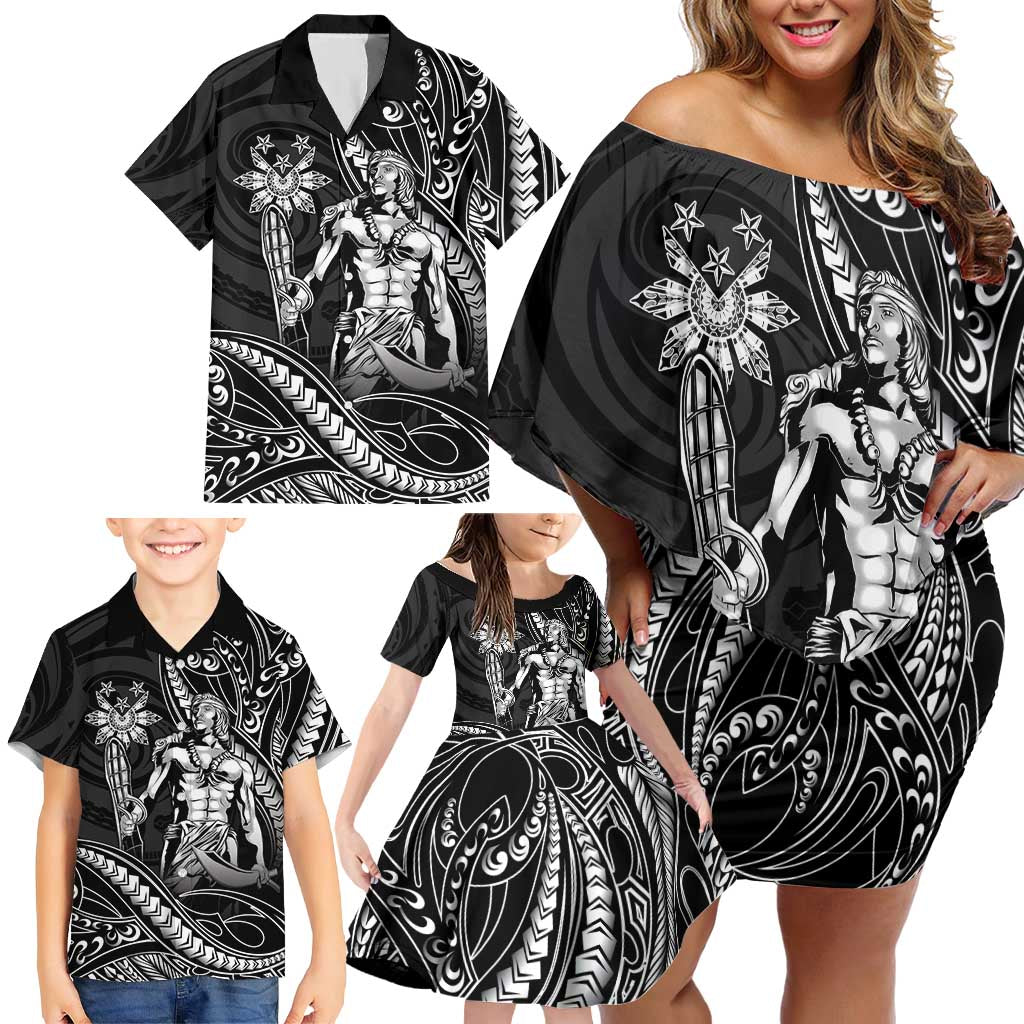 Filipinos Lapu Lapu Hero Family Matching Off Shoulder Short Dress and Hawaiian Shirt Black Polynesian Tribal Tattoo LT05 - Polynesian Pride