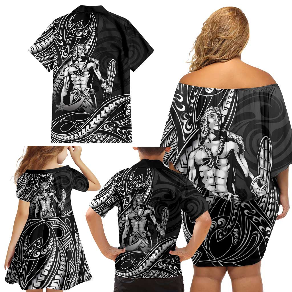 Filipinos Lapu Lapu Hero Family Matching Off Shoulder Short Dress and Hawaiian Shirt Black Polynesian Tribal Tattoo LT05 - Polynesian Pride