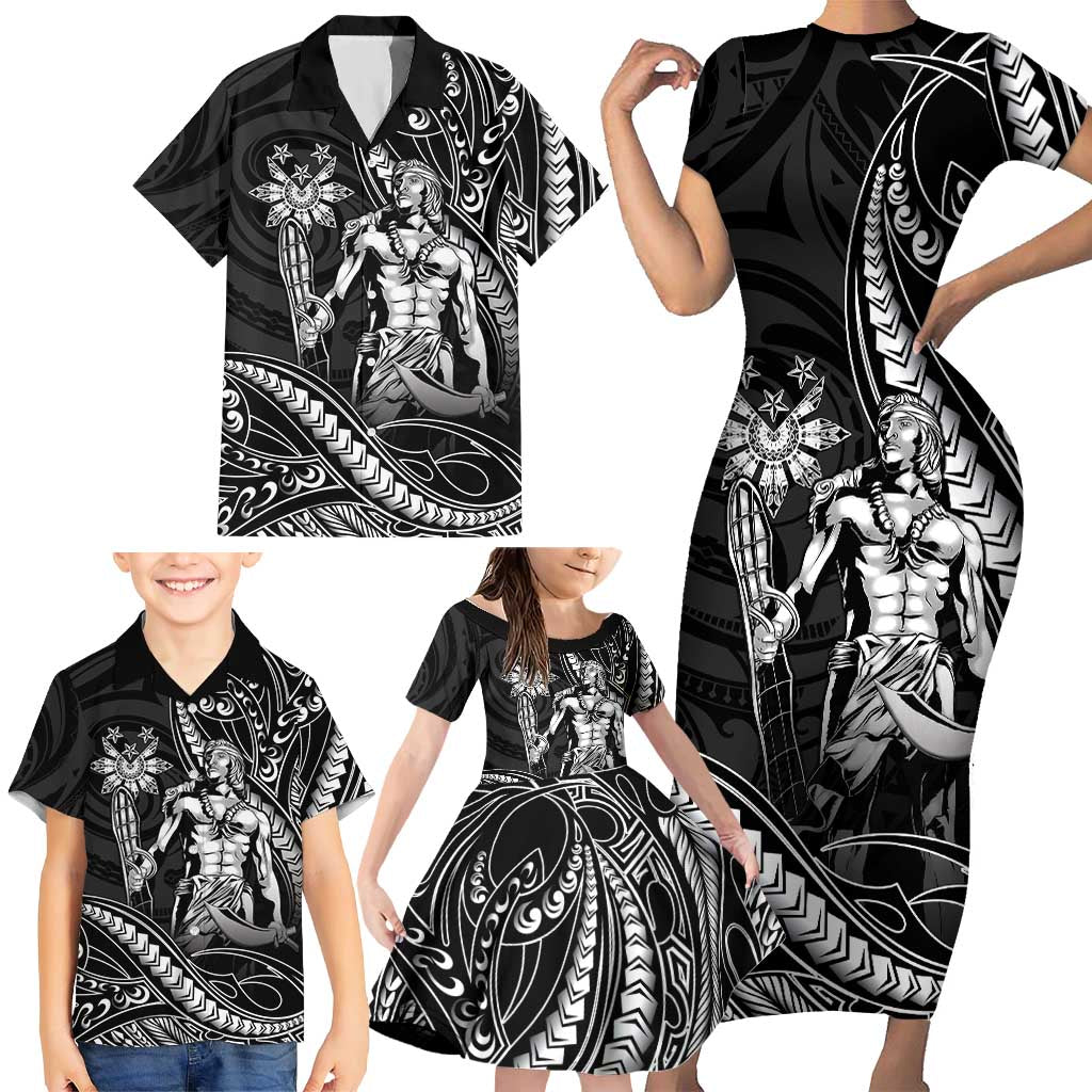 Filipinos Lapu Lapu Hero Family Matching Short Sleeve Bodycon Dress and Hawaiian Shirt Black Polynesian Tribal Tattoo