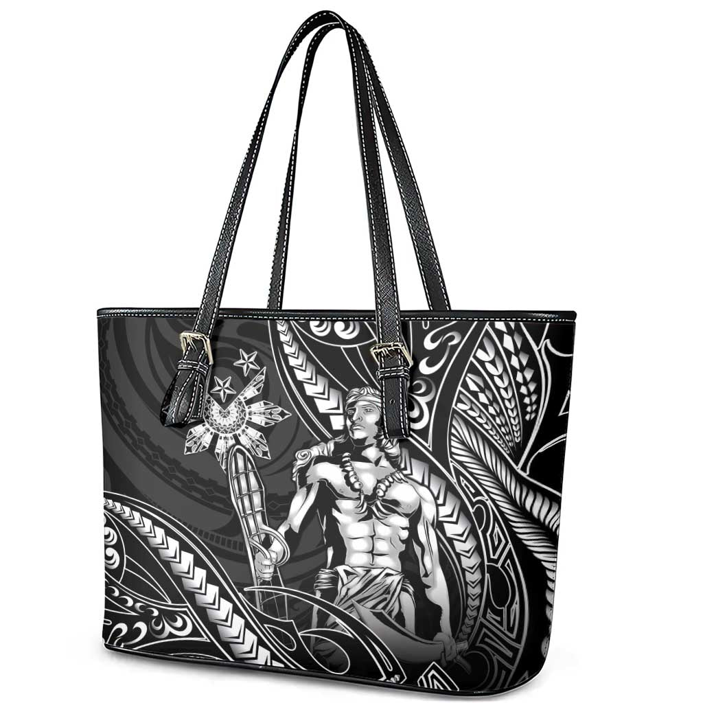 Filipinos Lapu Lapu Hero Leather Tote Bag Black Polynesian Tribal Tattoo