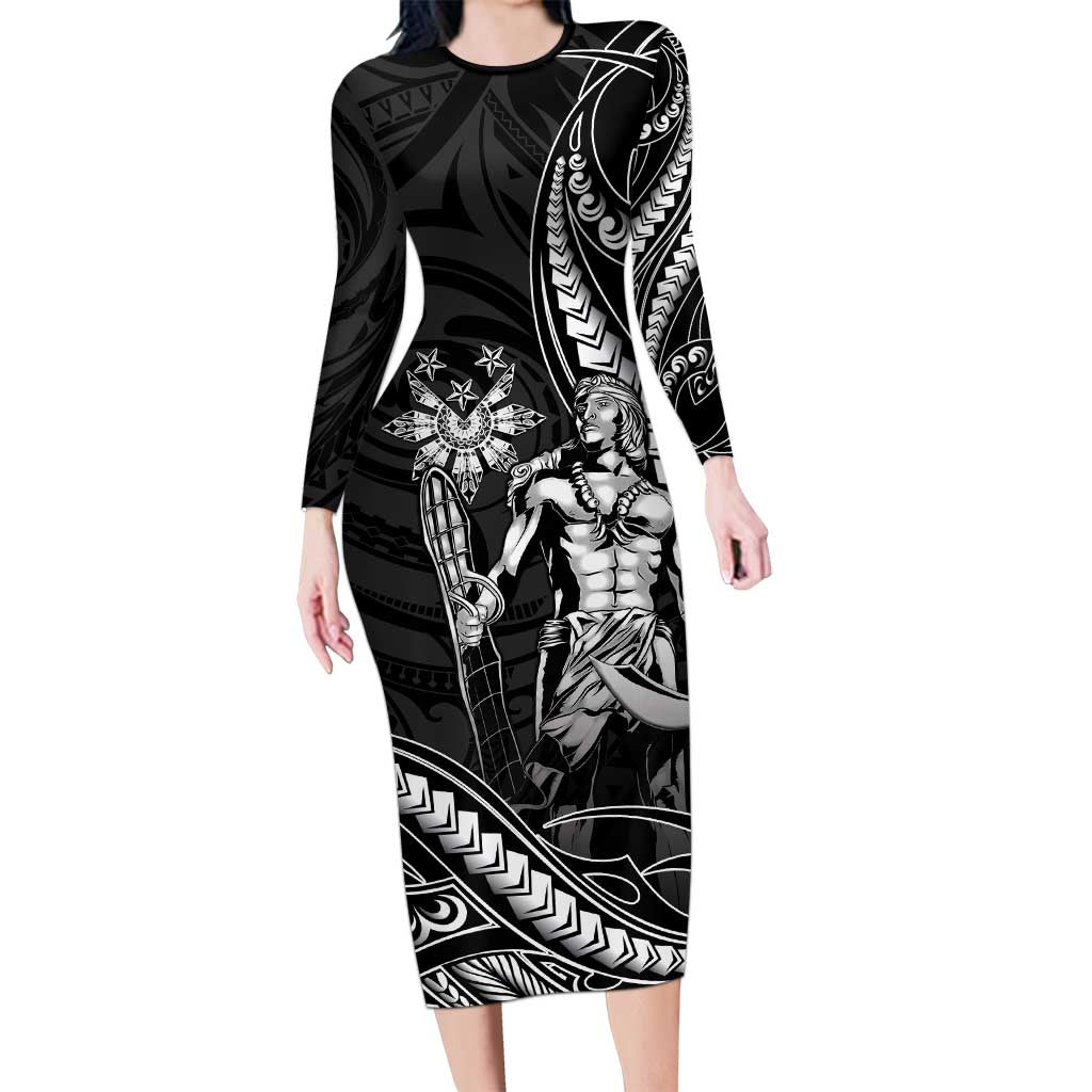 Filipinos Lapu Lapu Hero Long Sleeve Bodycon Dress Black Polynesian Tribal Tattoo