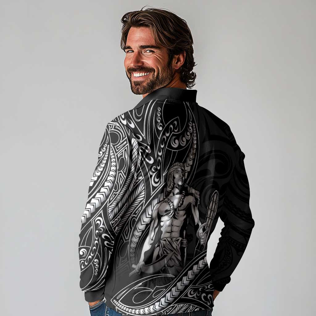 Filipinos Lapu Lapu Hero Long Sleeve Polo Shirt Black Polynesian Tribal Tattoo