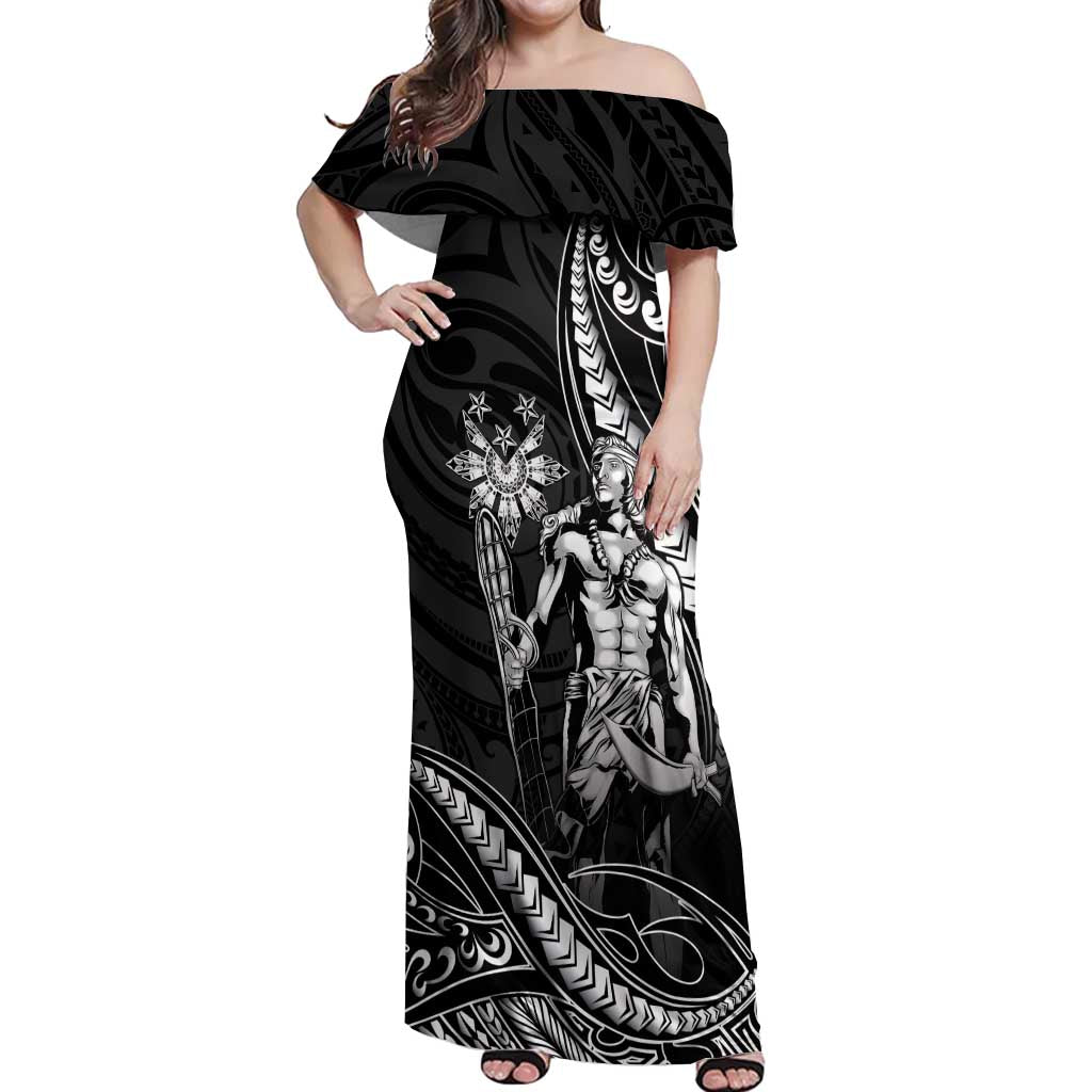 Filipinos Lapu Lapu Hero Off Shoulder Maxi Dress Black Polynesian Tribal Tattoo