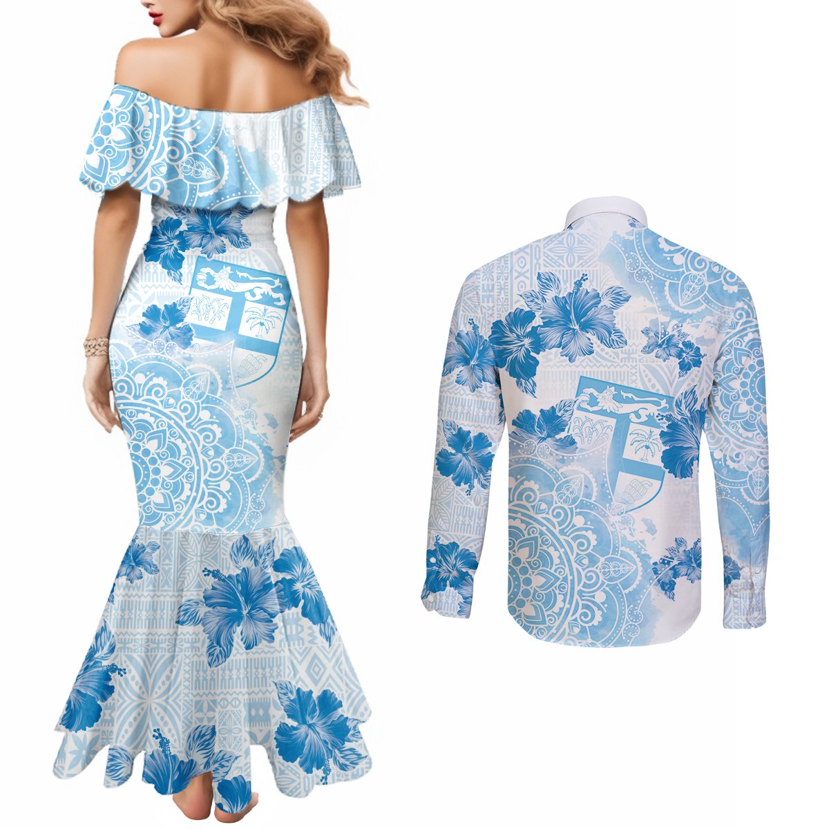 Happy Fiji Girmit Day Couples Matching Mermaid Dress and Long Sleeve Button Shirt Fijian Tapa With Mandala Pattern