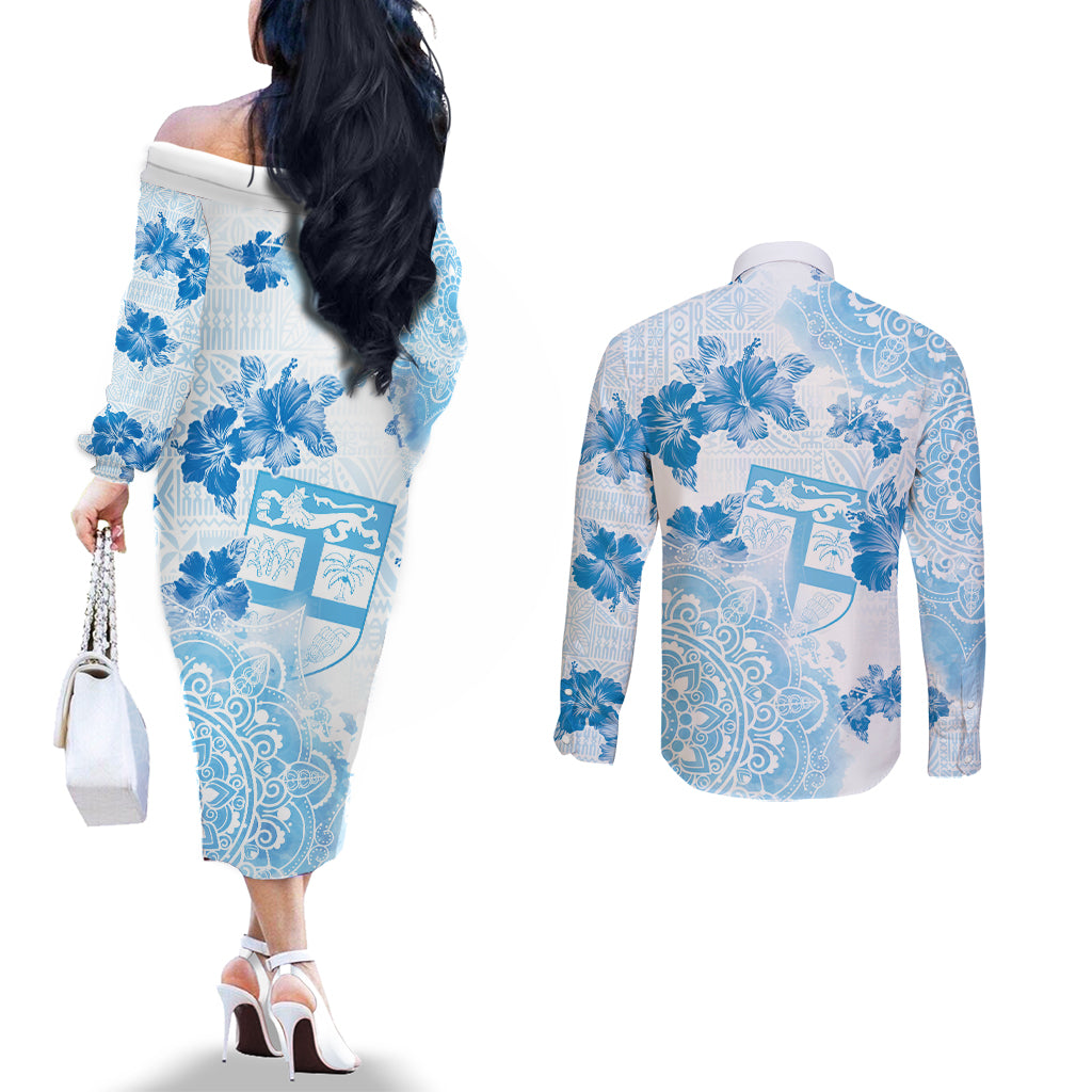 Happy Fiji Girmit Day Couples Matching Off The Shoulder Long Sleeve Dress and Long Sleeve Button Shirt Fijian Tapa With Mandala Pattern LT05 - Polynesian Pride