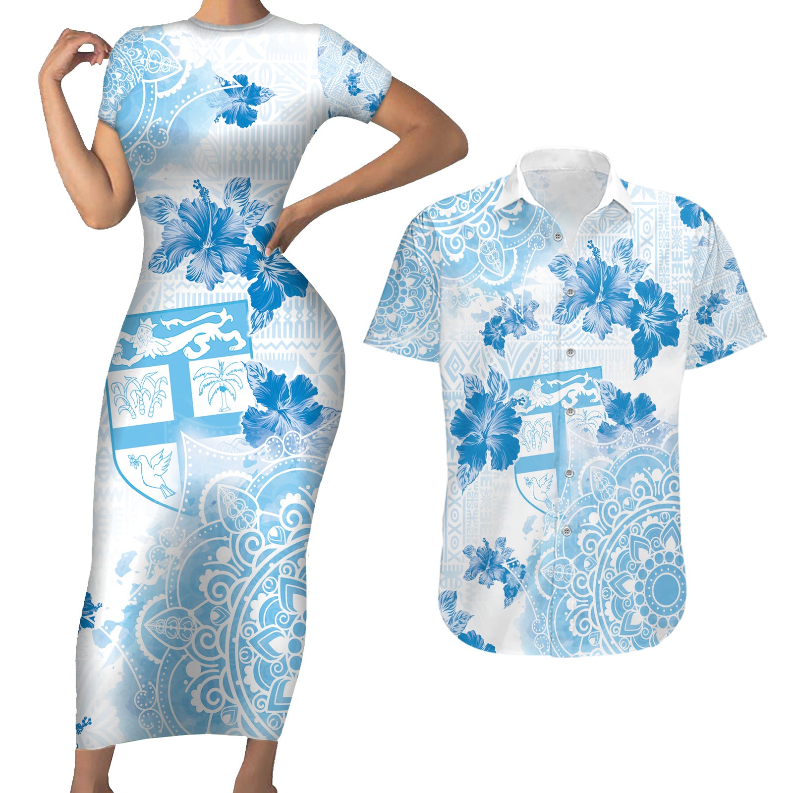 Happy Fiji Girmit Day Couples Matching Short Sleeve Bodycon Dress and Hawaiian Shirt Fijian Tapa With Mandala Pattern