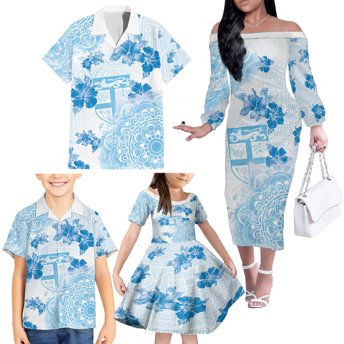 Happy Fiji Girmit Day Family Matching Off The Shoulder Long Sleeve Dress and Hawaiian Shirt Fijian Tapa With Mandala Pattern LT05 - Polynesian Pride
