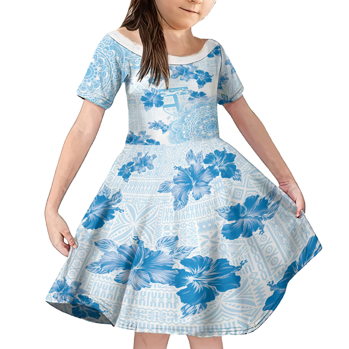 Happy Fiji Girmit Day Family Matching Summer Maxi Dress and Hawaiian Shirt Fijian Tapa With Mandala Pattern LT05 Daughter's Dress Blue - Polynesian Pride