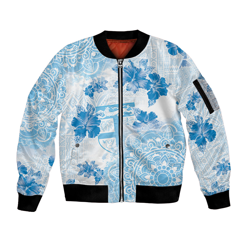 Happy Fiji Girmit Day Sleeve Zip Bomber Jacket Fijian Tapa With Mandala Pattern LT05 Unisex Blue - Polynesian Pride