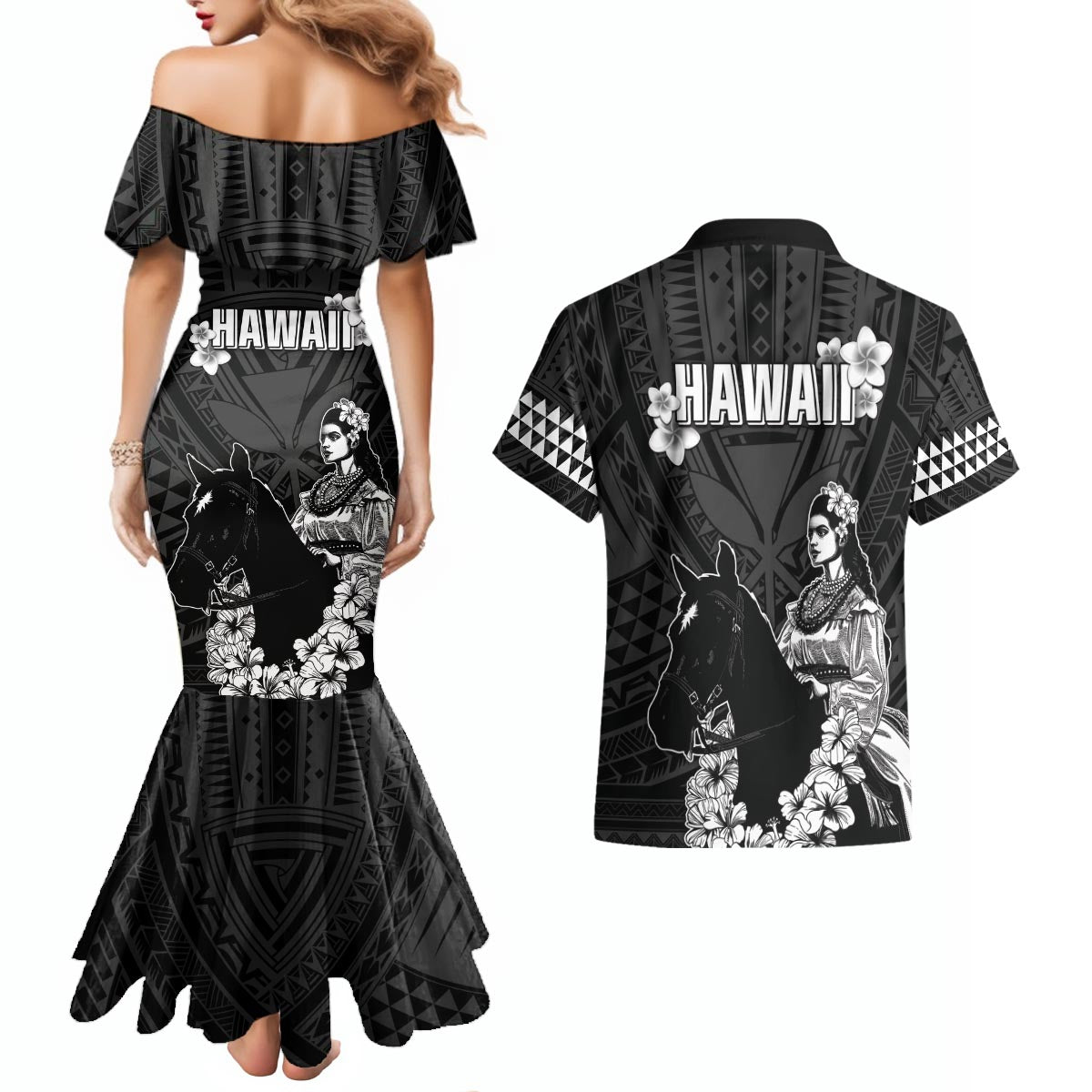 Hawaii King Kamehameha Day Parade Couples Matching Mermaid Dress and Hawaiian Shirt With Pa'u Riders Plumeria Kakau Tribal Pattern LT05 - Polynesian Pride